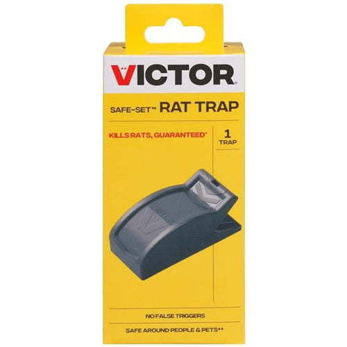 Yellow retail box showing Victor Safe-Set rat trap product image and branding on front of packaging.