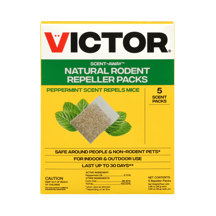 Front of Victor Scent-Away natural rodent repellent box showing peppermint leaves and a sachet on a yellow background