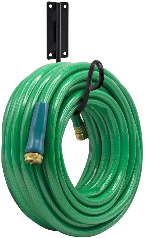 Black wrought-iron wall-mounted hose holder shown with a coiled green garden hose hanging from the hook
