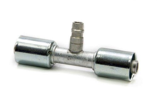T-shaped metal AC hose fitting with two crimped 10 AN ends and a small barbed port