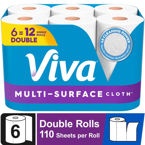 Pack of Viva Multi-Surface paper towels with blue packaging showing six double rolls and branding