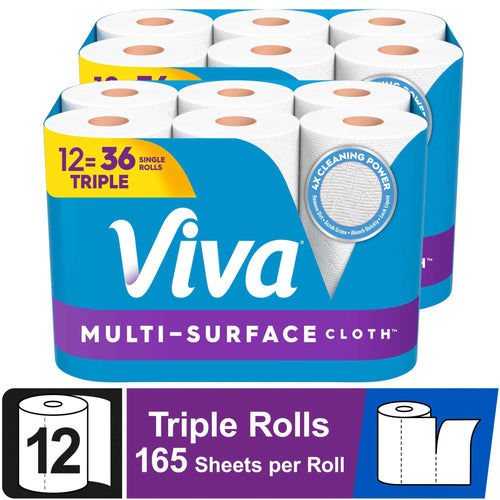 Pack of Viva multi-surface cloth paper towel rolls in blue and purple branded packaging