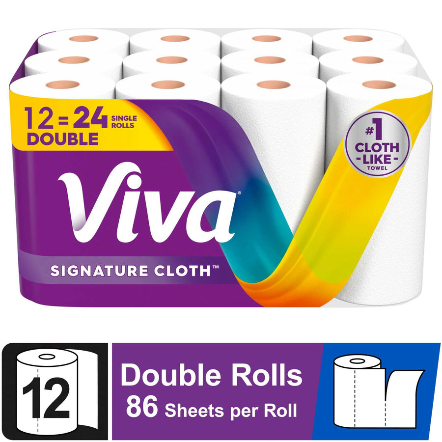 Packaged Viva Signature Cloth paper towels showing 12 double rolls with purple branded wrap
