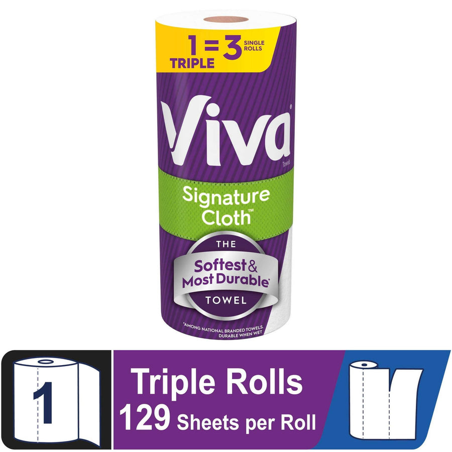 Viva Signature Cloth packaged paper towel roll in purple and green wrap labeled Softest & Most Durable and 129 sheets