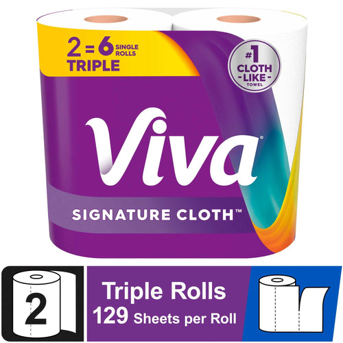 Front-facing product pack of Viva Signature Cloth paper towels with purple branding and label icons for triple rolls.