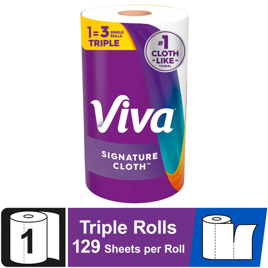 Single Viva Signature Cloth paper towel roll in purple packaging with product label and sheet callouts.