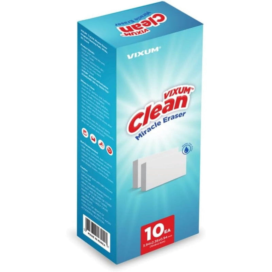 Tall box of Vixum Clean Miracle Eraser showing two white eraser pads, blue radiating background and a red 10 EA label.