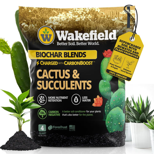 Wakefield Biochar Blends Cactus & Succulents 4-quart bag with cactus illustration and soil at base