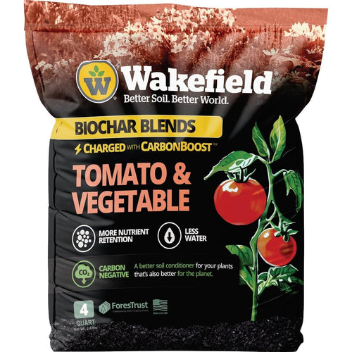 Bag of Wakefield Biochar Blends labeled “Tomato & Vegetable” with tomato illustration and benefit icons