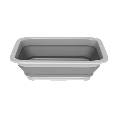 Gray collapsible rectangular wash basin shown expanded on white background, simple studio product shot.