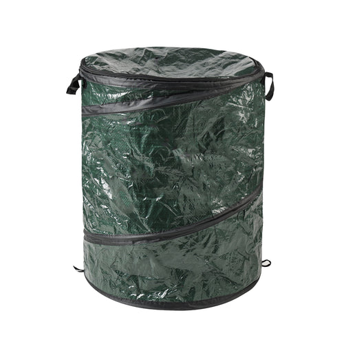Dark green collapsible pop-up outdoor trash can with black trim, standing upright on white background