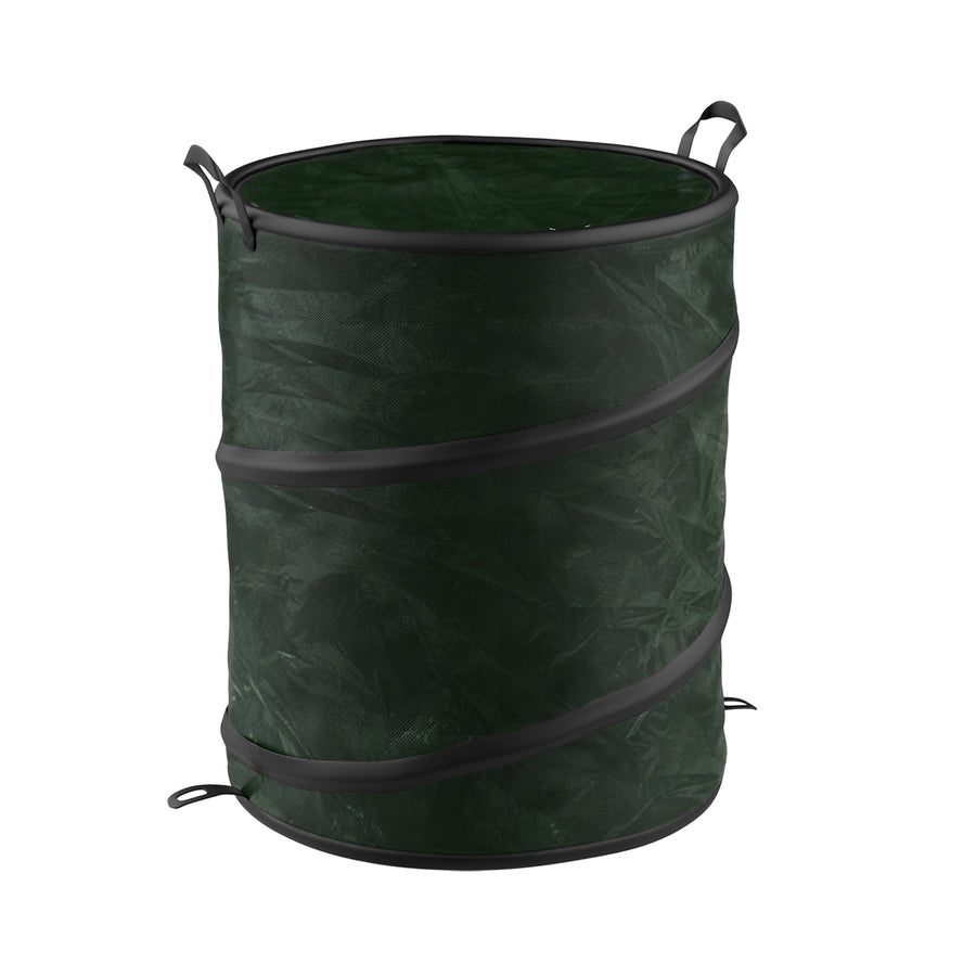 Green collapsible pop-up trash can with black trim and spiral support bands, standing open on white background