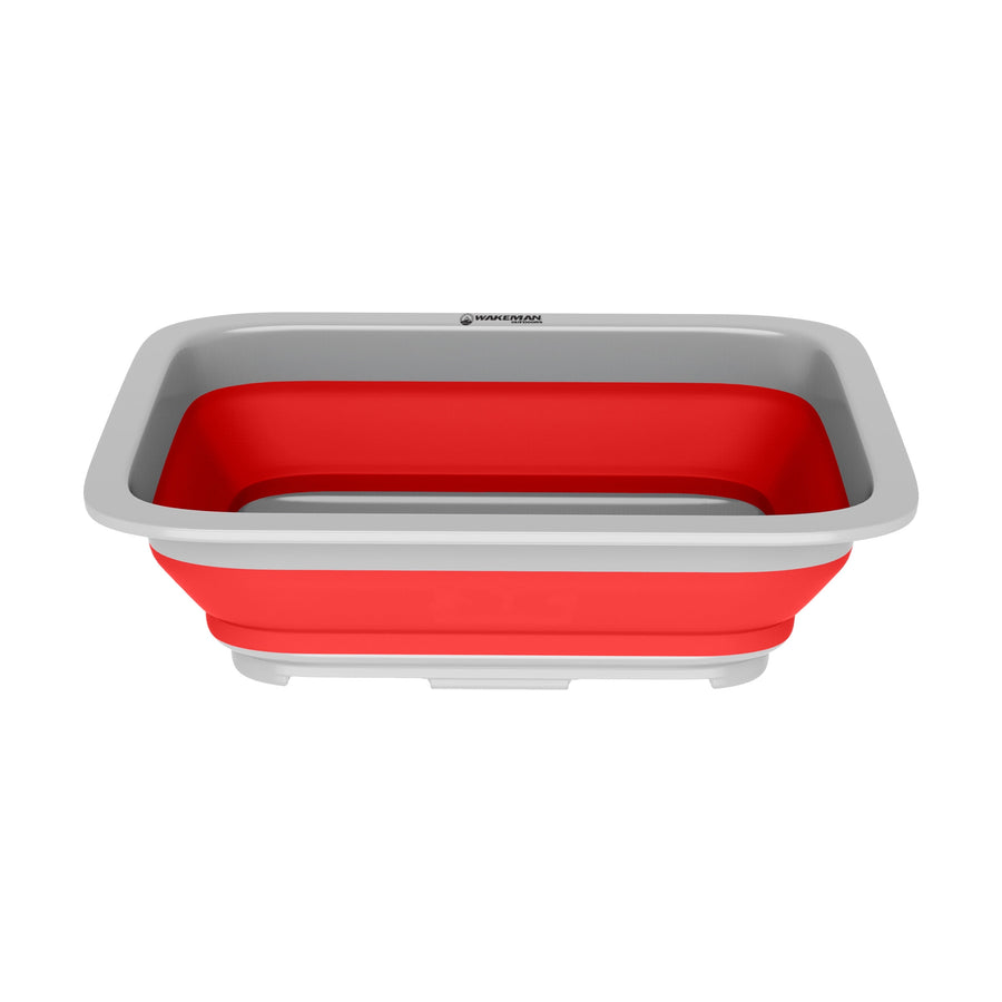 Wakeman red and gray collapsible rectangular wash bin shown open from front angle