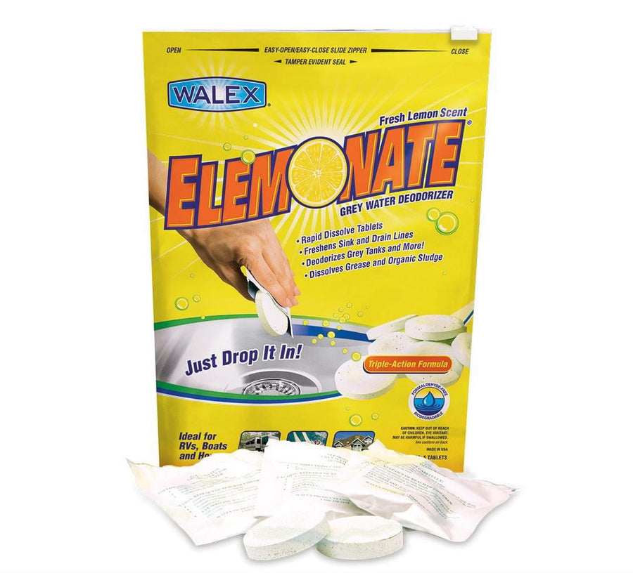Yellow Walex Elemonate pouch standing upright with lemon graphic, tablets and individually wrapped discs displayed in front