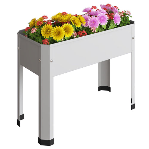 Walsport white elevated galvanized planter box filled with yellow and pink flowers on a plain white background