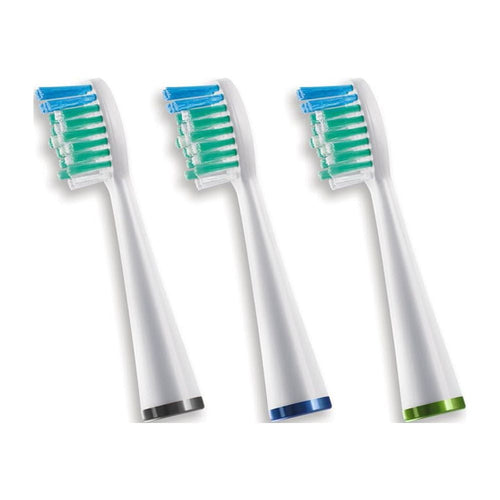 Three white Waterpik replacement compact electric toothbrush heads with colored identification rings and multicolored bristles on a white background.