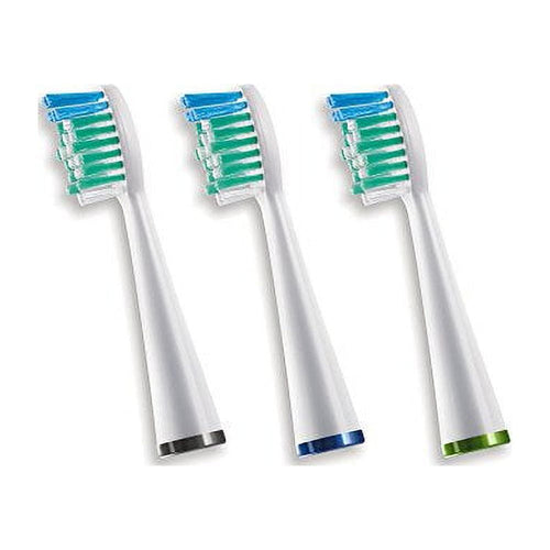 Three white Waterpik sonic-style toothbrush replacement heads with blue and green bristles on white background.