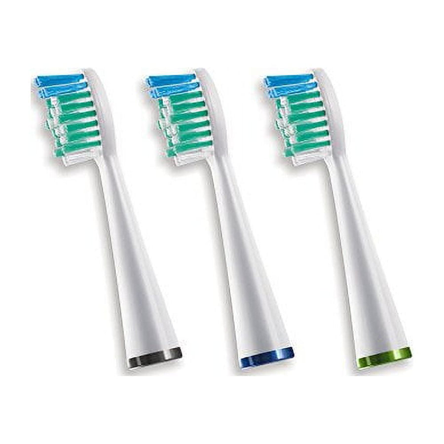Three white Waterpik sonic-style toothbrush replacement heads with blue and green bristles on white background.