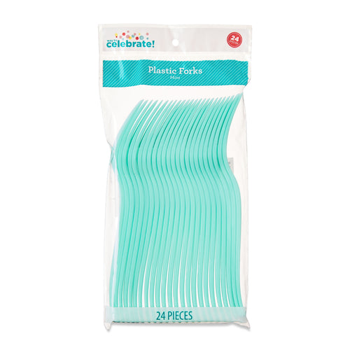 Clear retail bag of mint-colored disposable plastic forks with header card reading 'Plastic Forks'