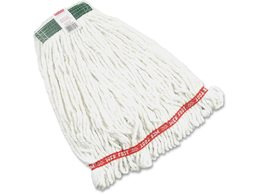 White loop-end cotton/synthetic wet mop head with green sewn headband and red woven trim, photographed on a white background.