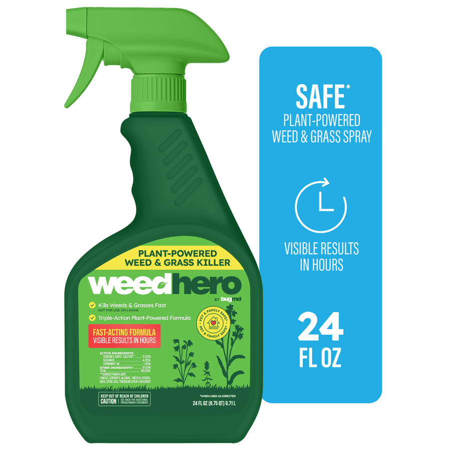 Green Weed Hero spray bottle with a green trigger and product label showing plant-powered weed & grass killer.