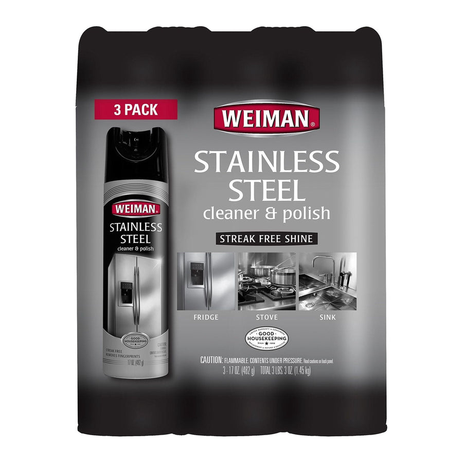 Weiman branded 3-pack retail pouch showing stainless steel cleaner & polish packaging with product photos and brand logo