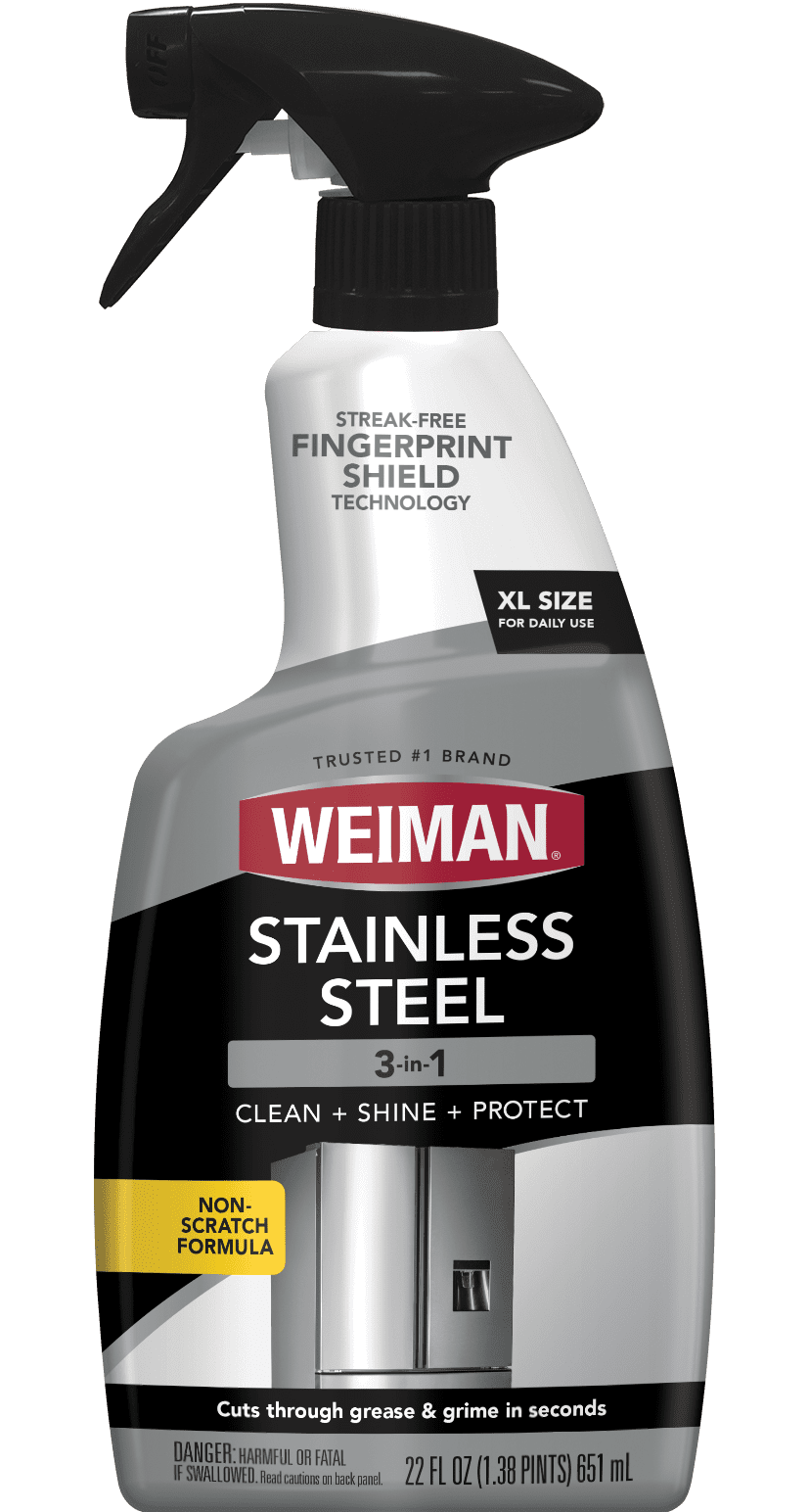 Close-up front view of Weiman Stainless Steel trigger spray bottle showing brand label and XL size callout.