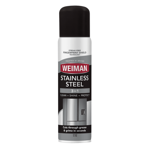 Front-facing Weiman Stainless Steel spray can with black cap and label reading clean, shine + protect.
