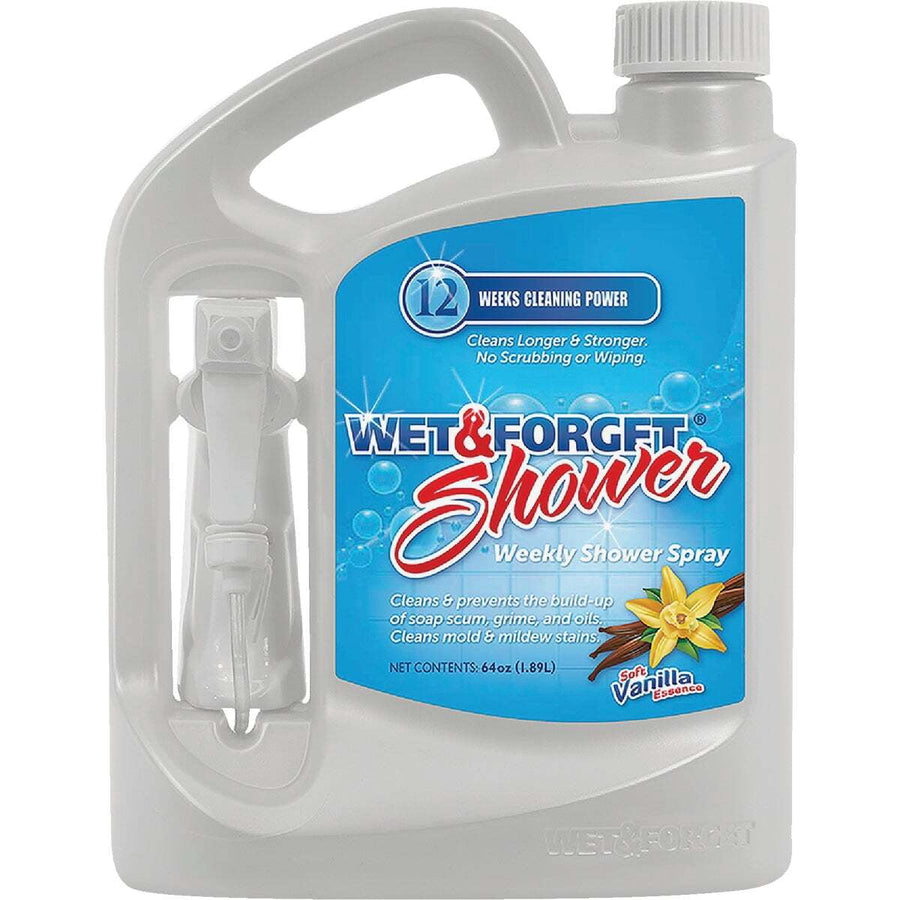 White jug of Wet & Forget Shower weekly spray with attached trigger sprayer and blue label showing vanilla flower