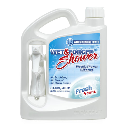 White jug of Wet & Forget Shower weekly shower cleaner with integrated spray and fresh scent label