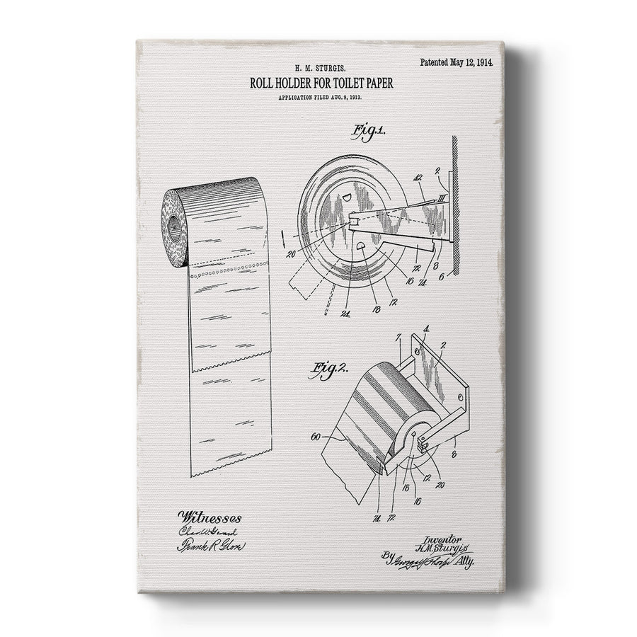 Gallery-wrapped canvas print showing a vintage patent drawing of a toilet paper roll and holder.