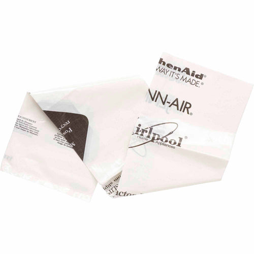 White plastic compactor/trash bags printed with the Whirlpool logo and brand text, folded and laid flat.