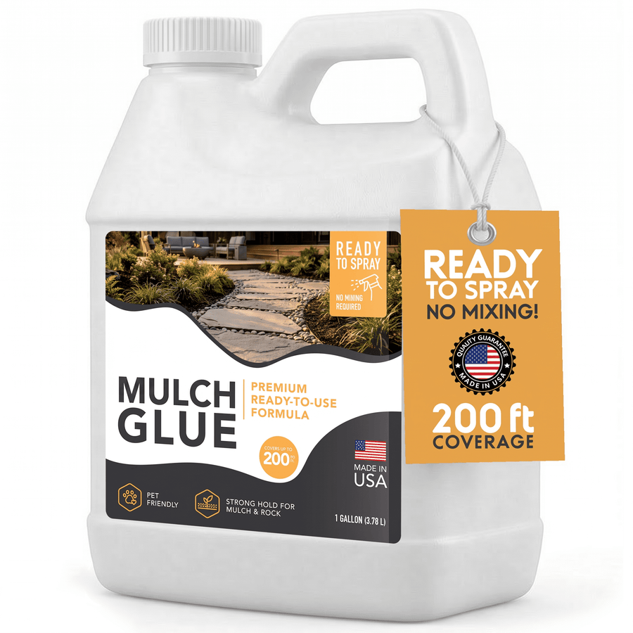 white 1-gallon jug labeled mulch glue with a hanging tag stating ready to spray and 200 ft coverage