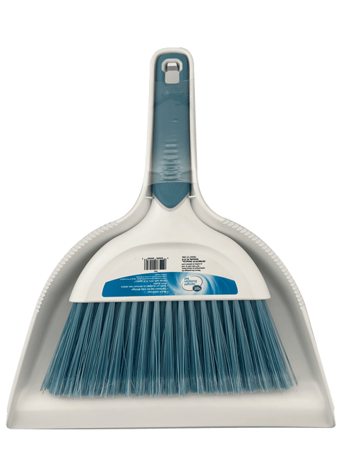 White upright dustpan with attached short-handled brush featuring blue bristles and blue grip