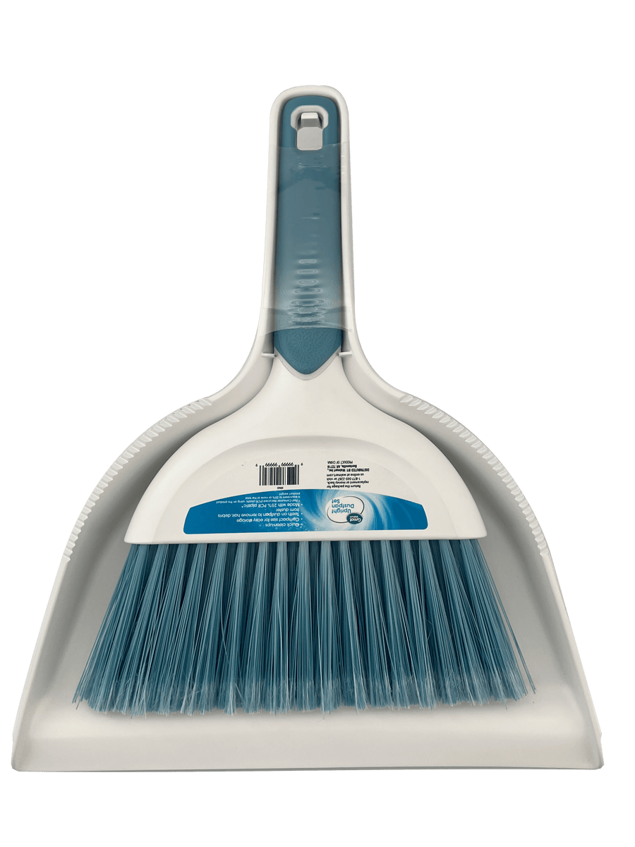 White upright dustpan with attached short-handled brush featuring blue bristles and blue grip