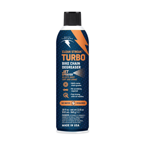 White Lightning Clean Streak Turbo bike chain degreaser aerosol can on white background with branded label