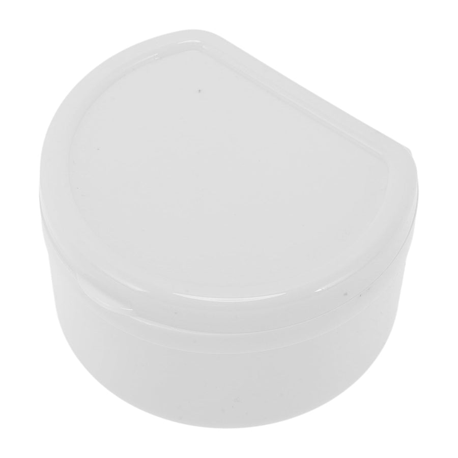 Closed white plastic orthodontic/retainer case with rounded teardrop shape on white background.