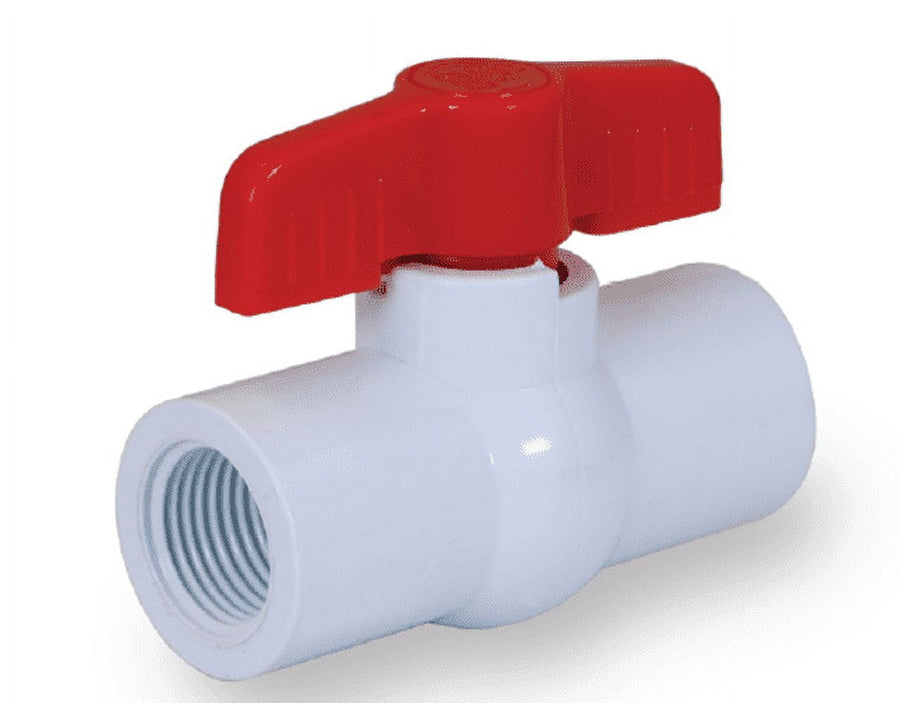 white pvc ball valve with red t-handle and female threaded ends