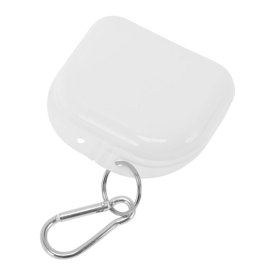 Small white plastic braces/retainer storage case with metal keyring and carabiner on white background