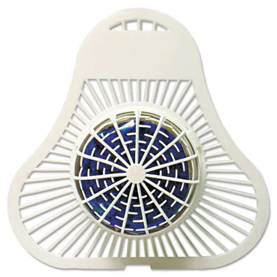 Top view of a white tri-lobed plastic urinal screen with a blue deodorizer block visible in the center