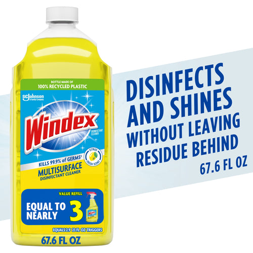 Yellow Windex refill bottle with citrus label and large text claiming disinfects and shines, 67.6 fl oz.