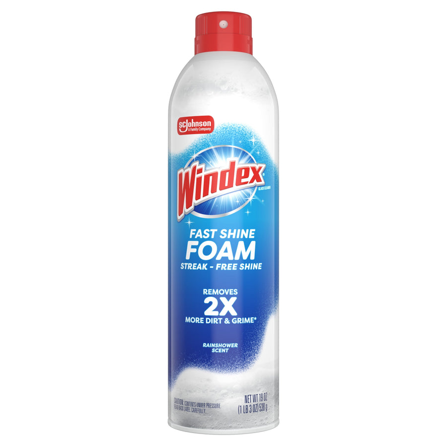 Windex Fast Shine Foam aerosol can with red cap and blue label reading “Fast Shine Foam” on white background