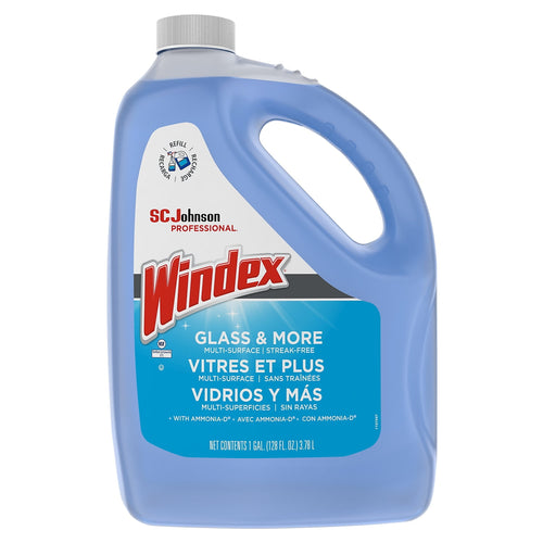 Blue 1-gallon Windex Glass & More jug with handle and prominent red Windex logo on front label.