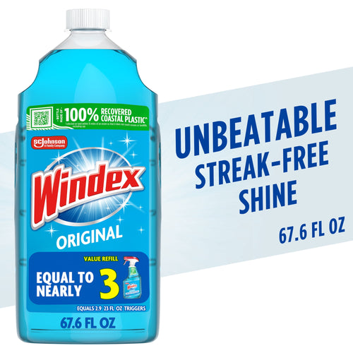 Close-up of a Windex Original blue refill bottle with label showing 'Original' and '67.6 FL OZ' against a light background.