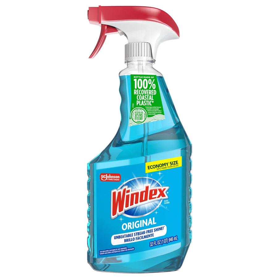 Windex Original blue glass cleaner spray bottle with red trigger and front label visible.