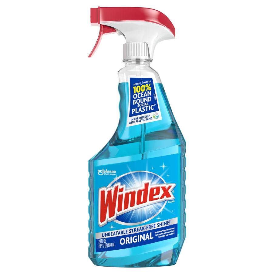 Windex Original blue spray bottle with red trigger shown on white background with label noting '100% ocean bound social plastic'.