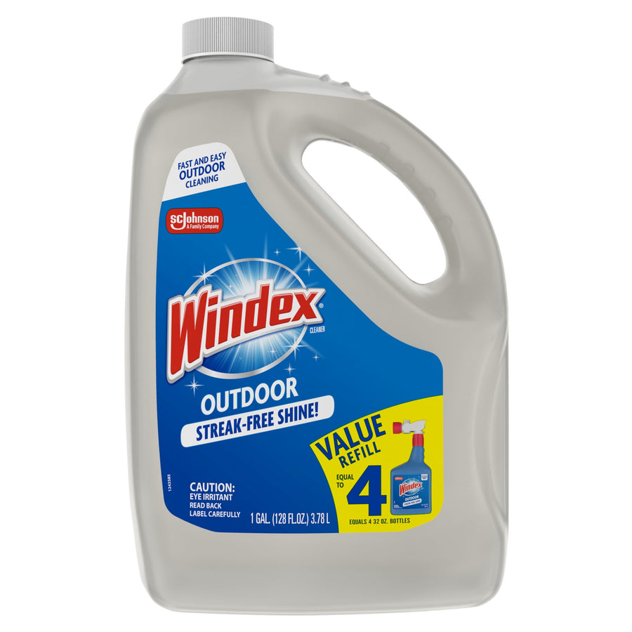 One-gallon Windex Outdoor refill jug with blue label and built-in handle