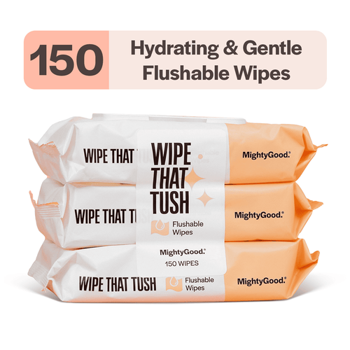 Three stacked Wipe That Tush flushable wipe packs with a banner reading “150 Hydrating & Gentle Flushable Wipes.”