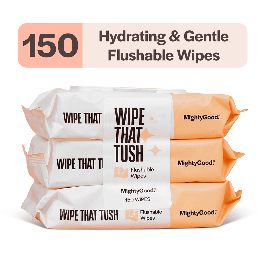 Three stacked Wipe That Tush flushable wipe packs with a banner reading “150 Hydrating & Gentle Flushable Wipes.”