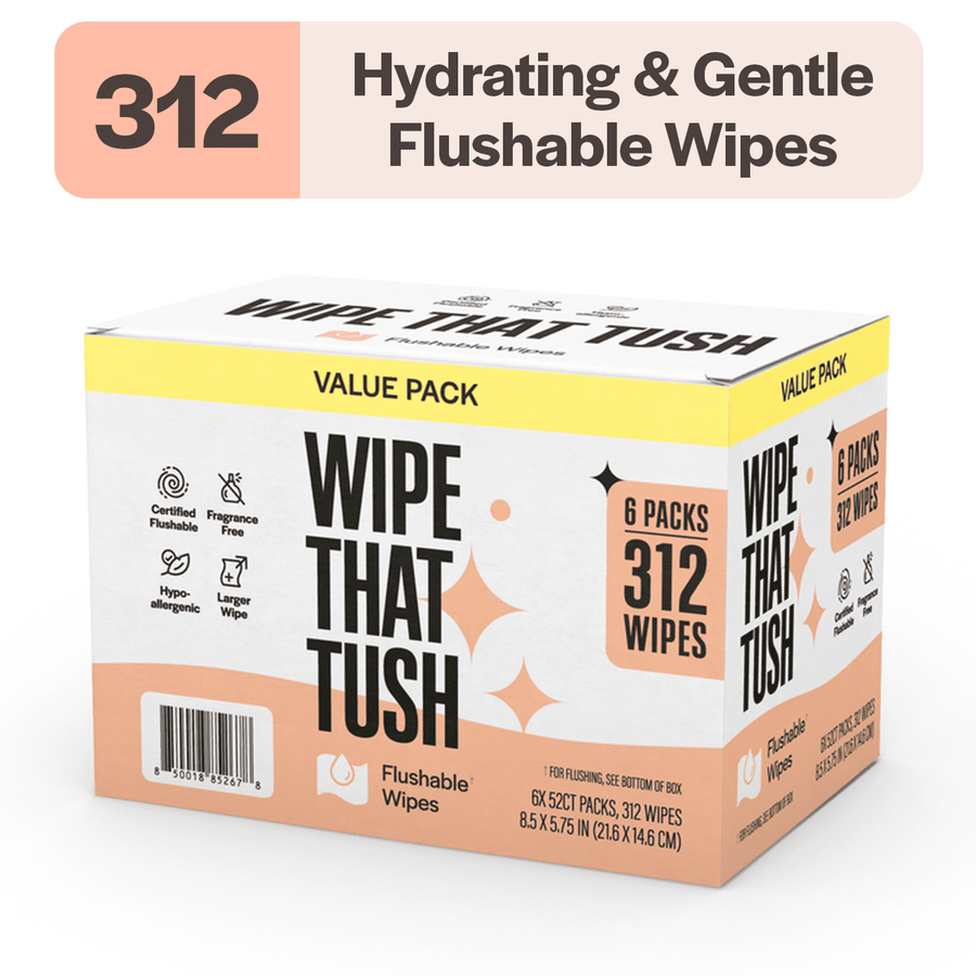 Box-style value pack of Wipe That Tush flushable wipes with bold logo and count callout on peach-accented packaging.